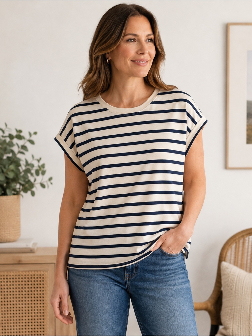 Martha Stewart Navy and Cream Striped Short-Sleeve Tee